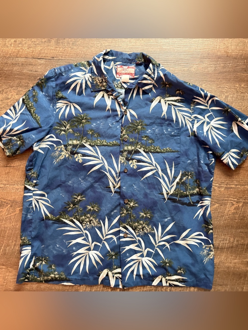 vintage RJC blue Hawaiian Aloha button down shirt tropical palm leaves XL EUC - Picture 12 of 14